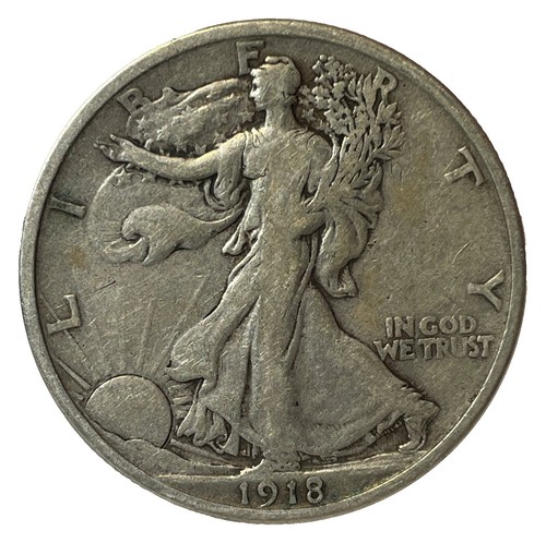 1918-D Walking Liberty half dollar Missing AW Designer Initials variety FS-901 showing reverse detail near eagle's lower right where initials are absent