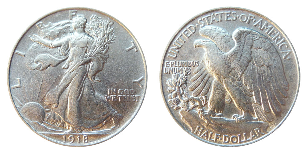 Historical image of U.S. Mint circa 1918 or group of 1918 Walking Liberty half dollars from Philadelphia, Denver, and San Francisco mints